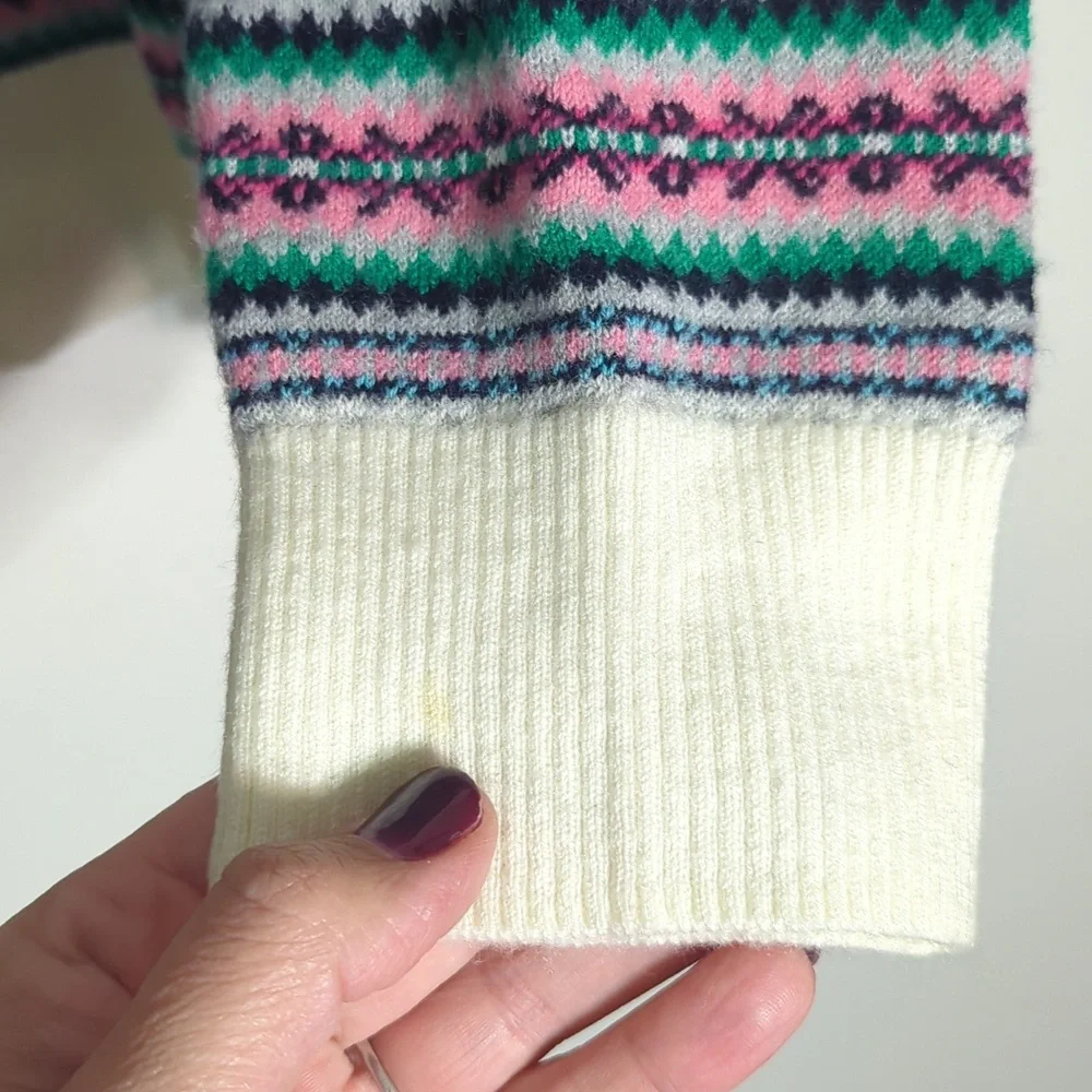 Talbots Womens Sweater Fair Isle Multi-color Striped Lambs Wool Pink Green Large